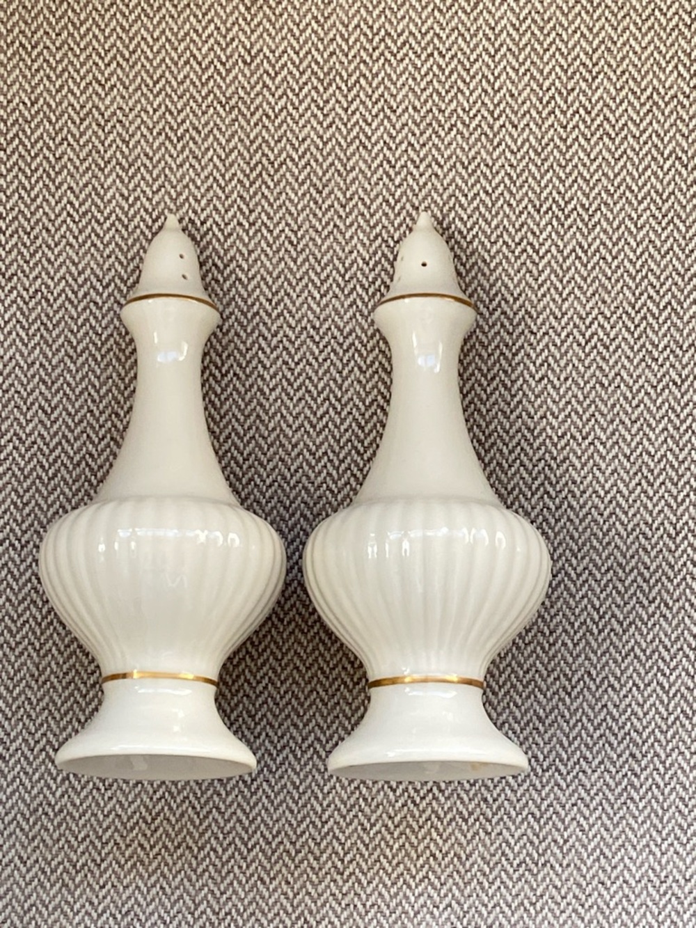 Vintage Black Lenox Cream Porcelain Salt and Pepper Shakers with Gold Trim